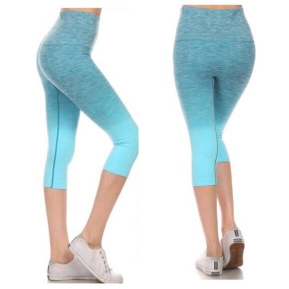 NWT Teal Ombre High Waist Fold Over Workout Capri Leggings - Picture 1 of 4